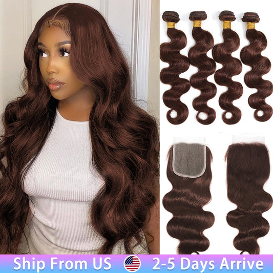 Colored Body Wave Brazilian Human Hair Weave Bundles With HD Lace Closure Ombre Brown Extensions