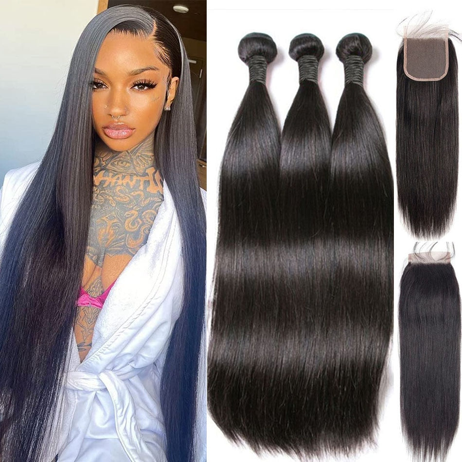 Bone Straight Brazilian Natural hair Bundles With 30 Inch Lace Frontal  Closure