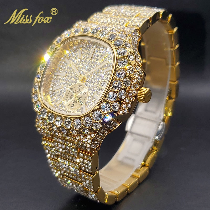 Gold Watch For Men Diamond Iced Out Hip Hop Stylish Quartz Waterproof Wristwatches