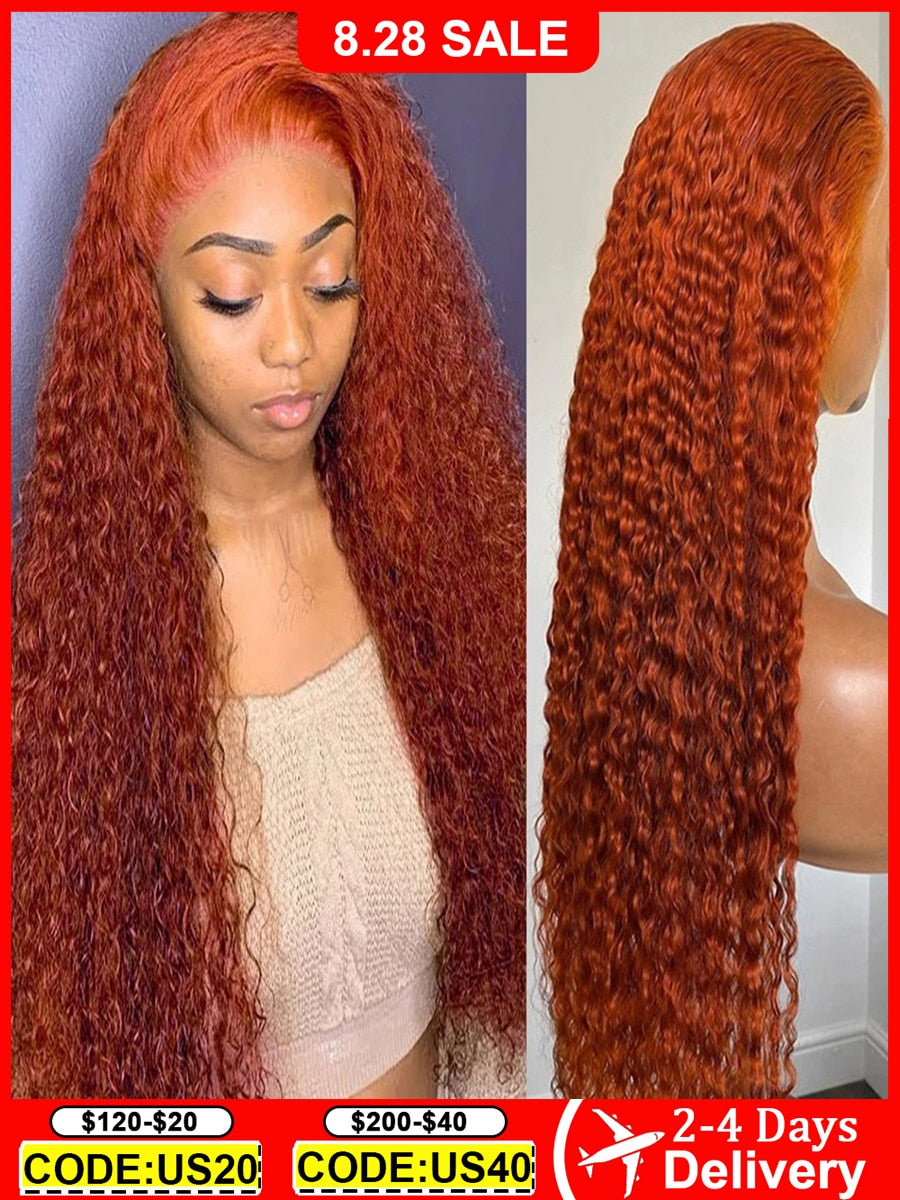 12-34 Inch Ginger Orange 360 Full Lace Front 13x4 HD Transparent Deep Wave Wig