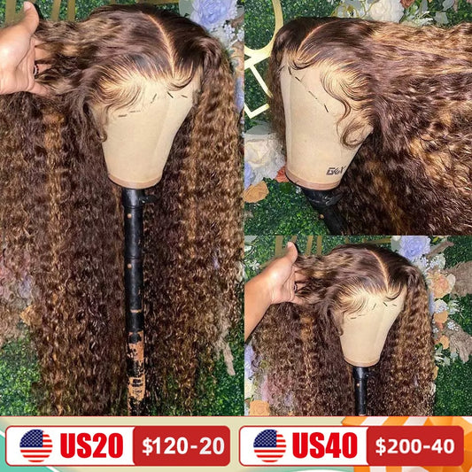 30 34 Inch Highlight Ombre Lace Front Curly Human Hair Honey Blonde Colored HD Deep Wave Wigs