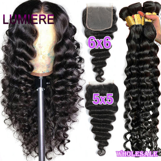 38 40 Inch Loose Deep Wave Human Hair Bundles With 4X4 5x5 6x6 HD Lace Closure Brazilian Hair Weave Bundles With Closure Frontal