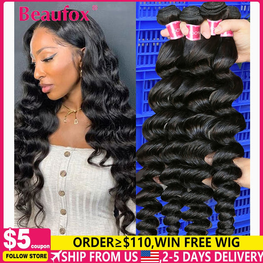 Beaufox 32 Inch Natural Black Indian Loose Wave Bundles 1/3/4 PCS Human Hair Extensions